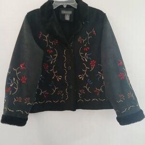 (Relativity) Ladies Jacket Sz M Black Suade Embroidered Flowers Sherpa Lining